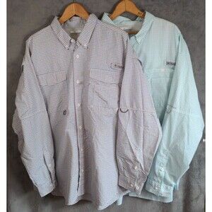 2 Columbia PFG Long Sleeve Shirts Blue & Green Check 2XL Fishing Hiking Gorpcore